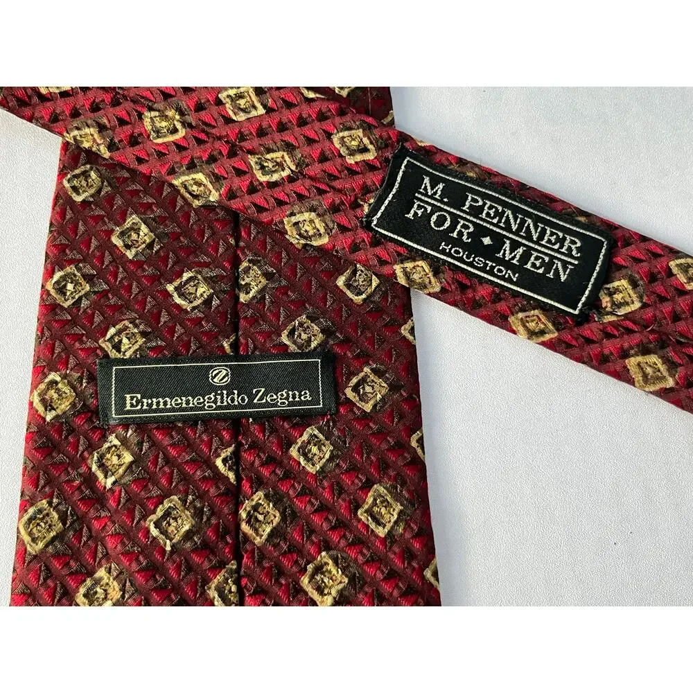 Ermenegildo Zegna Jacquard Silk Necktie Maroon Geometric Academia Office